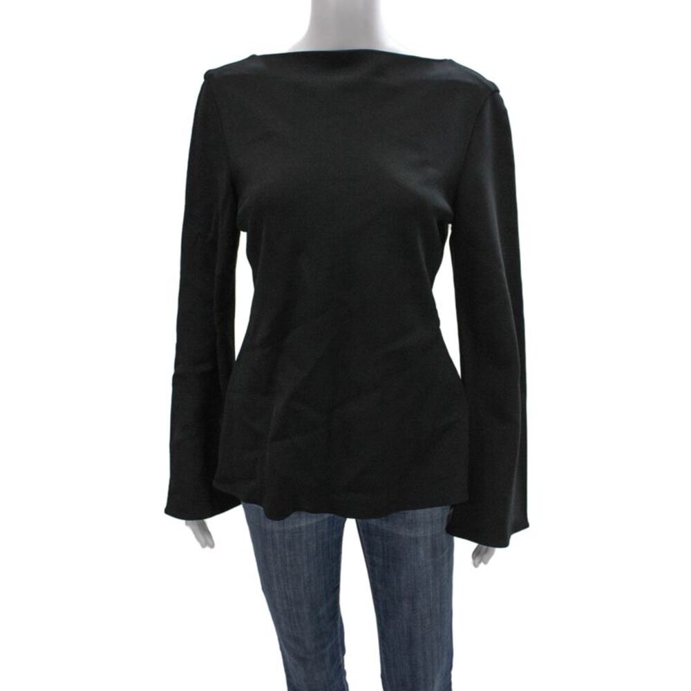 Brandon Maxwell Women Black Polyester Boat Neck Long Sleeve Blouse Zip Size S